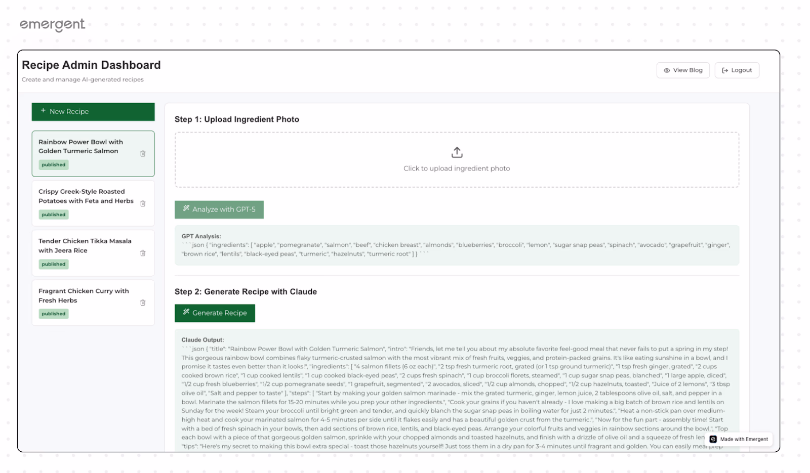 Recipe Admin dashboard creation on Emergent