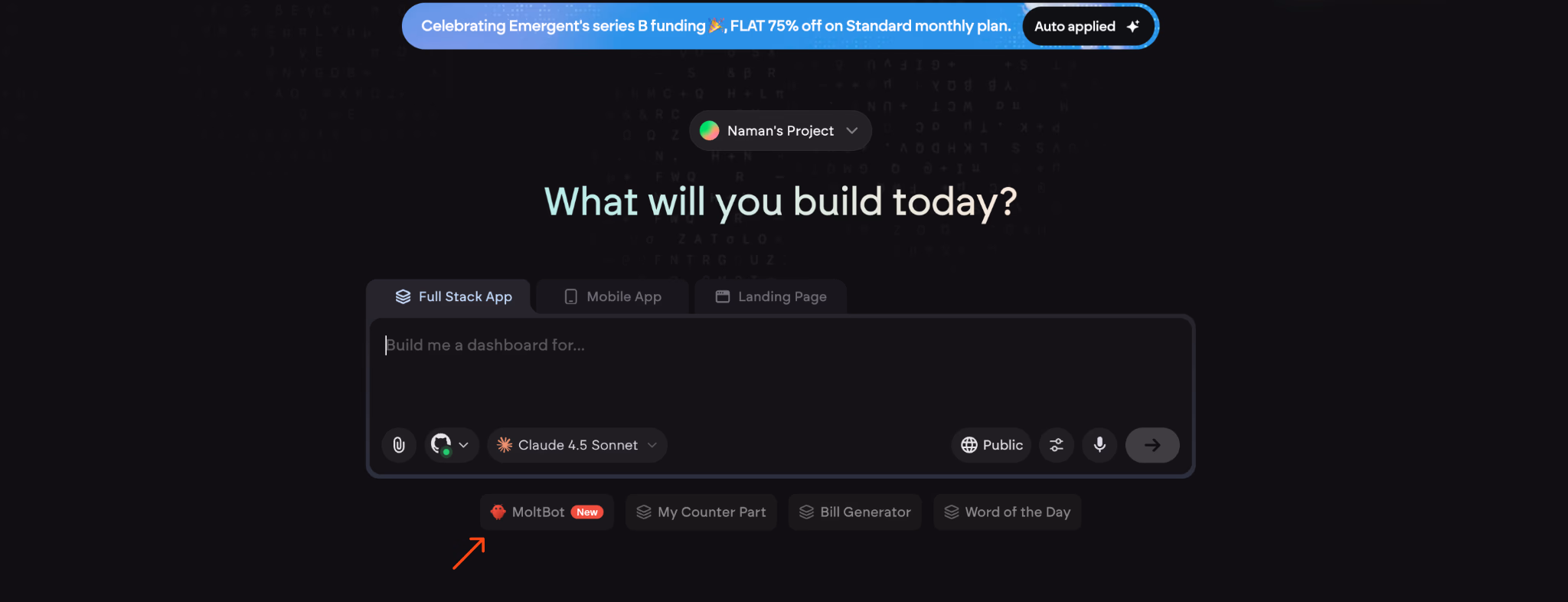 emergent home page to get started with openclaw