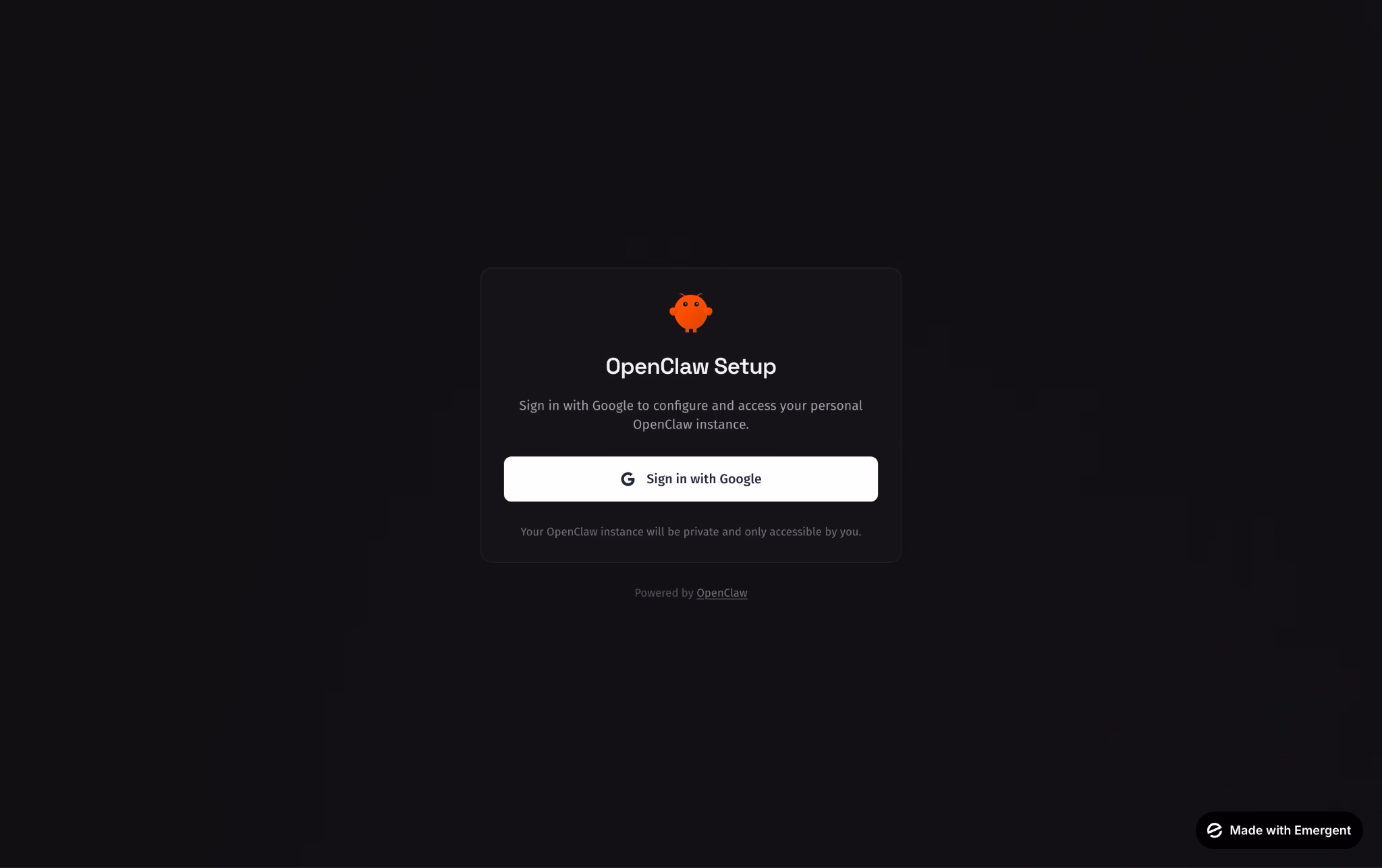 openclaw started successfully confirmation screen on emergent