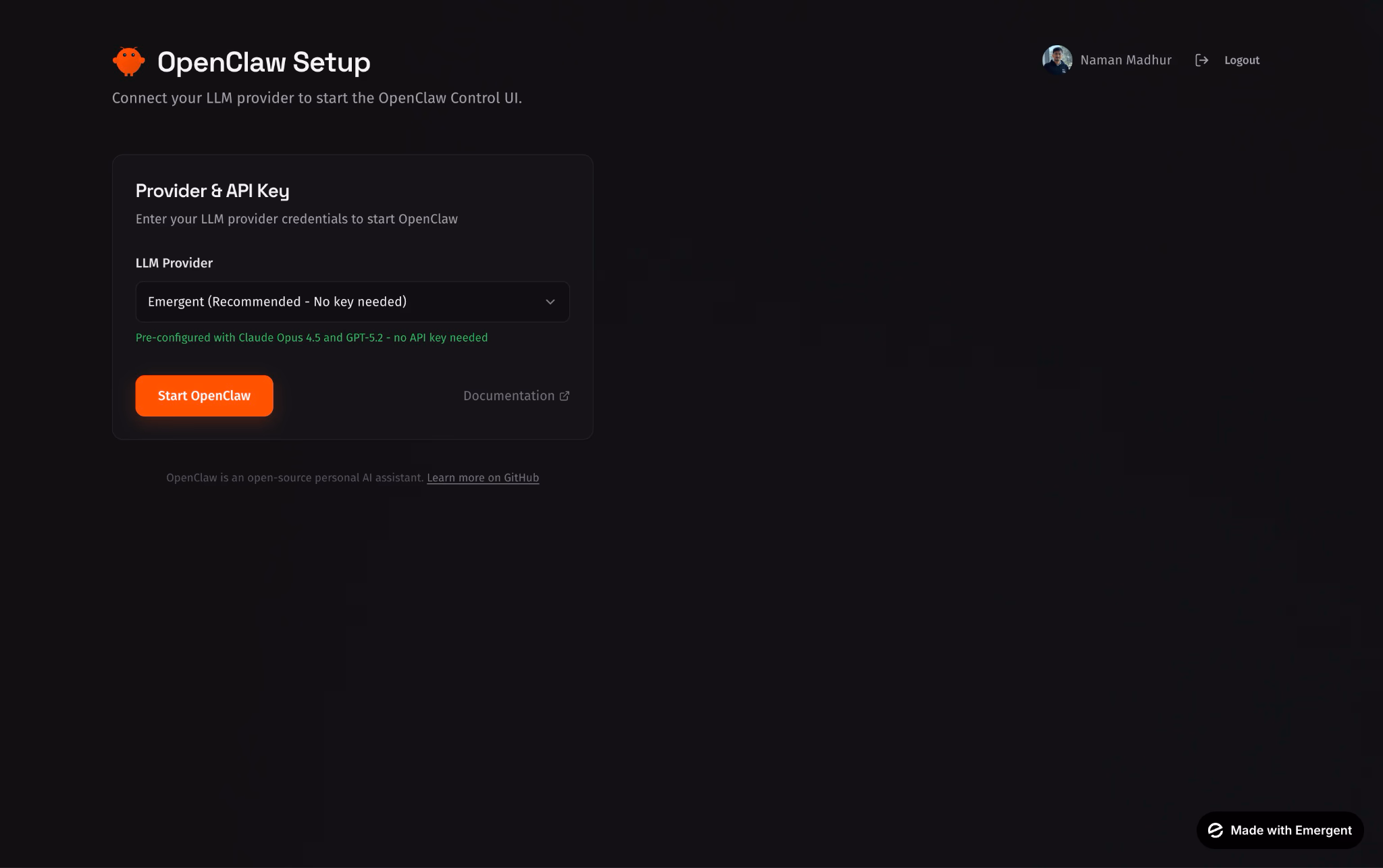 openclaw default agent state running on emergent cloud