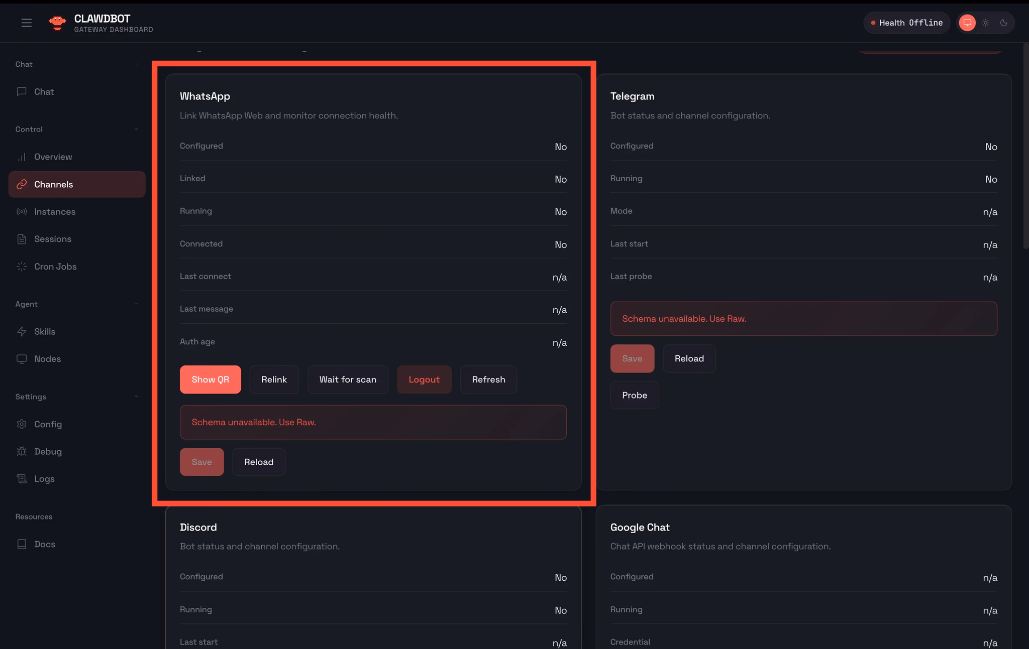 openclaw channels tab for whatsapp and telegram integration
