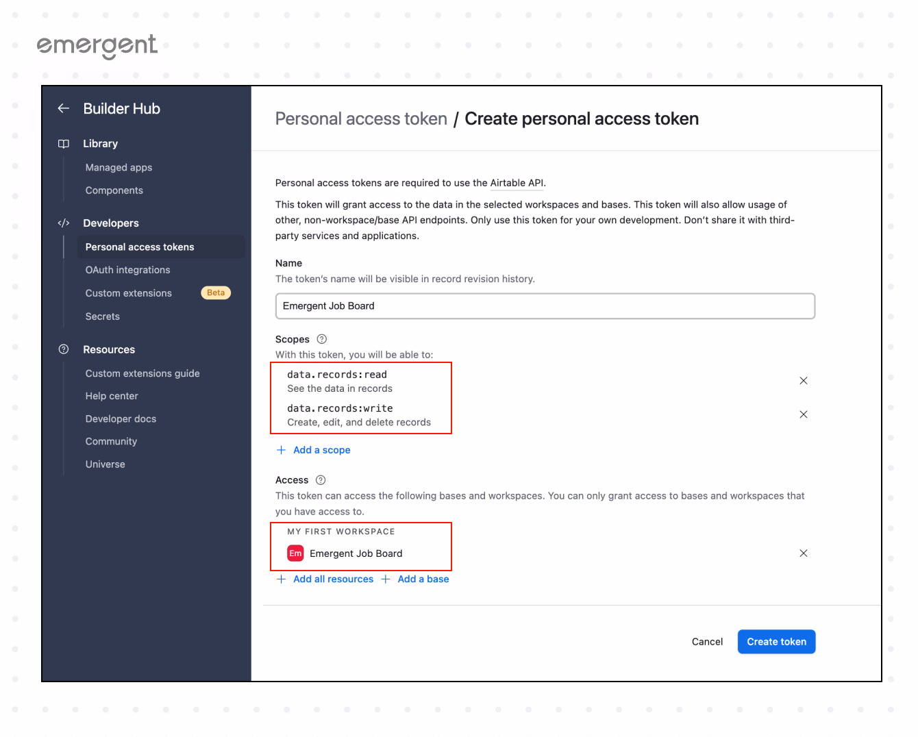 create a new token pn airtable
