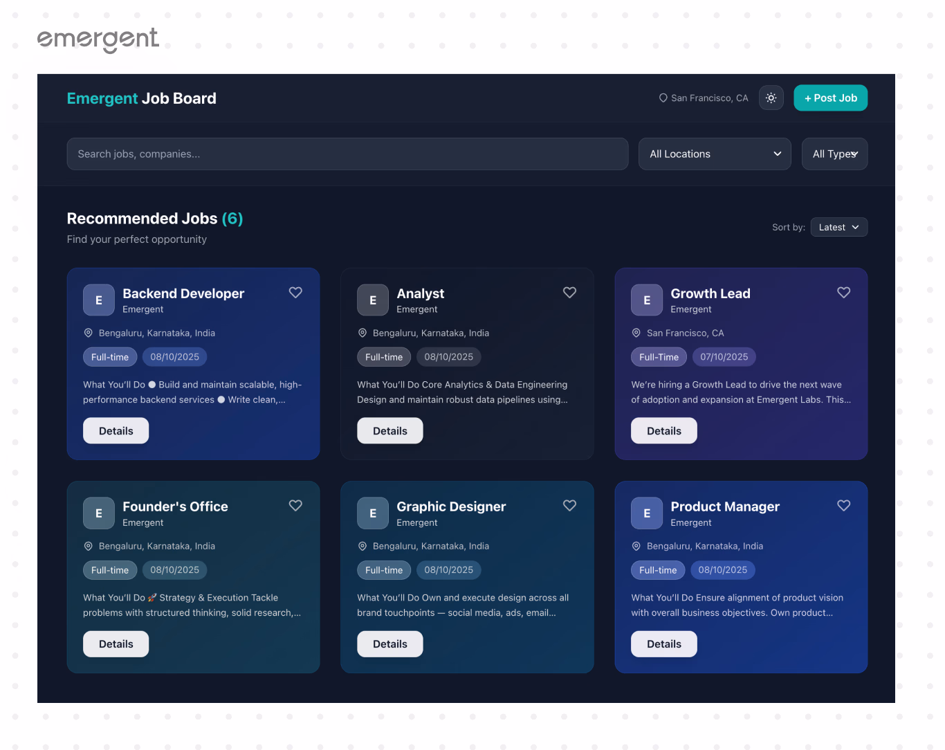 Emergent Job board Dark Mode