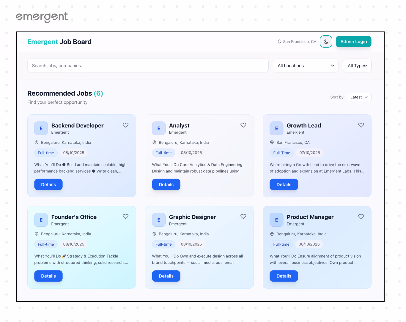 Emergent Job board Light mode