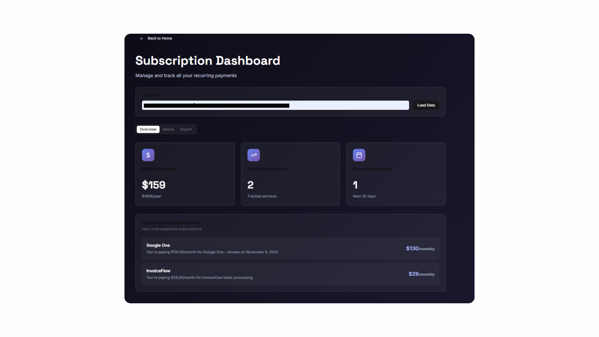 subscription dashboard summary cards showing monthly spending active subscriptions and upcoming renewals