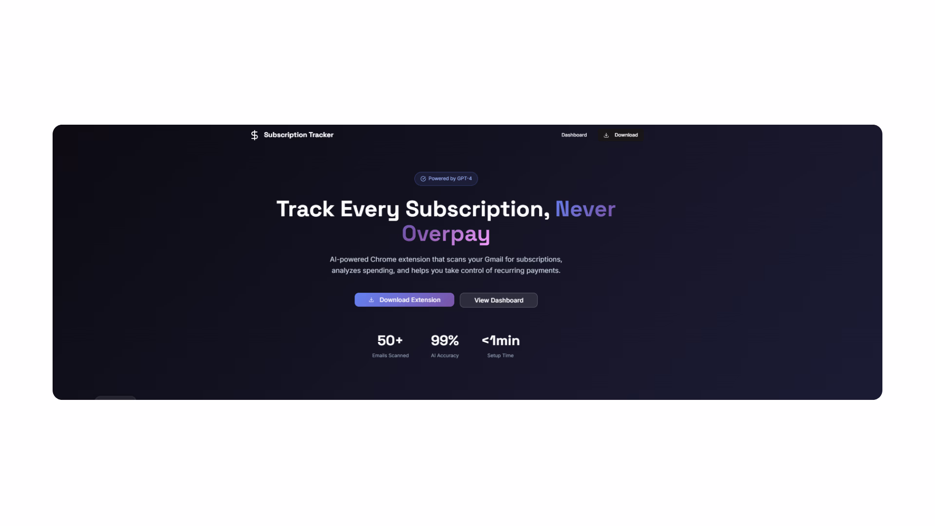 chrome extension subscription tracker landing page hero section