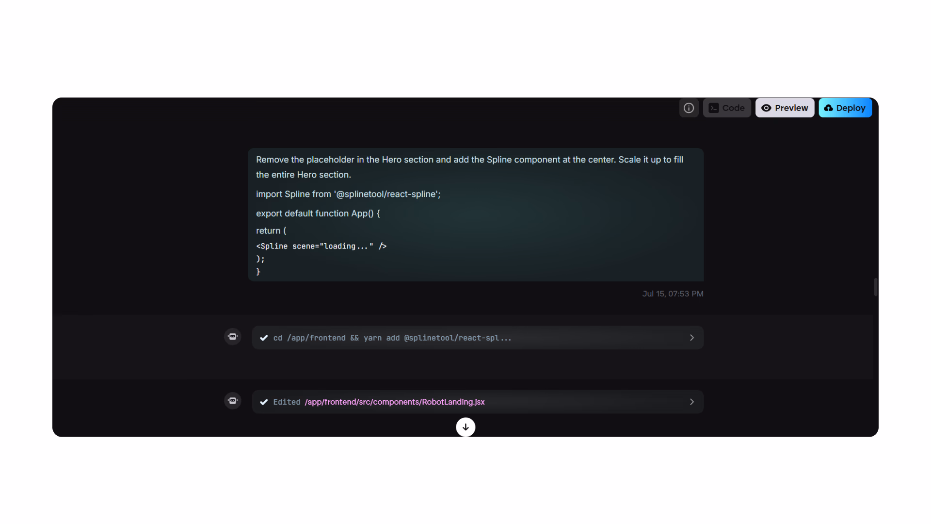 emergent agent asking for spline embed code during project setup