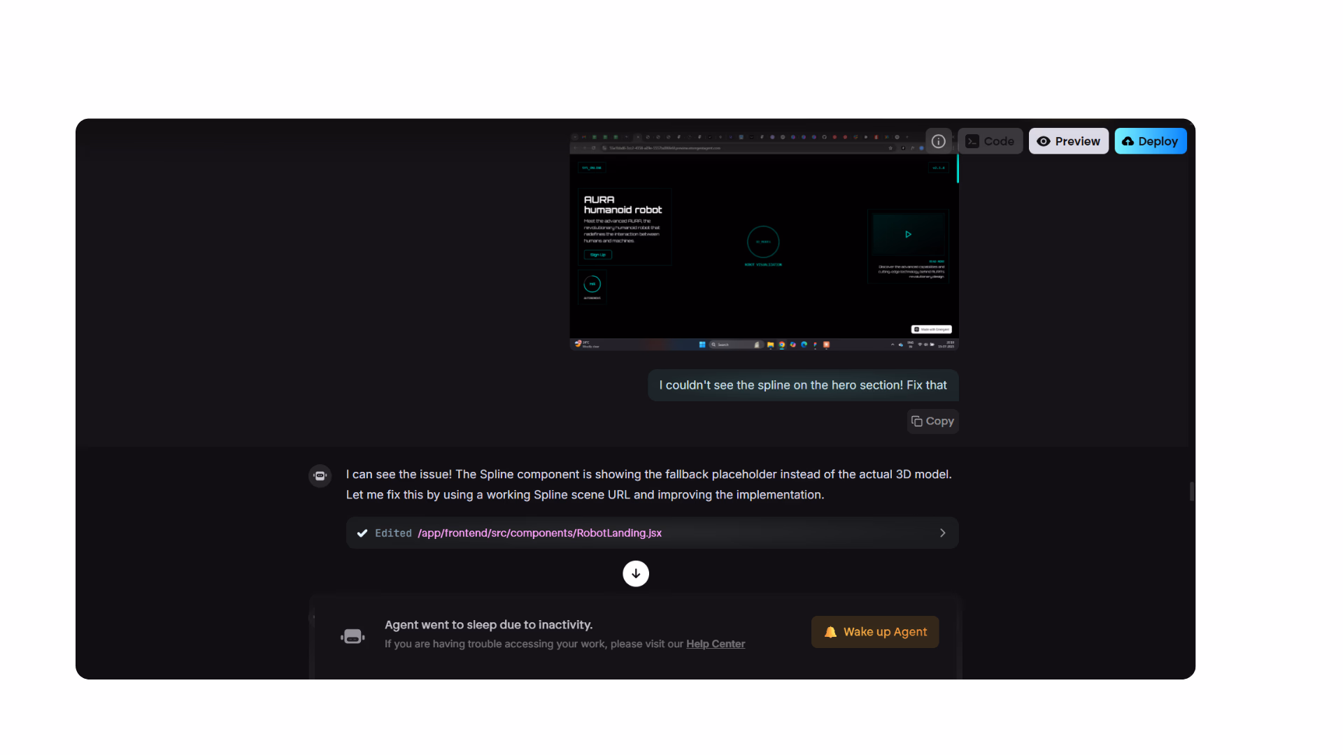 spline not appearing in hero section bug shared with emergent agent for fix