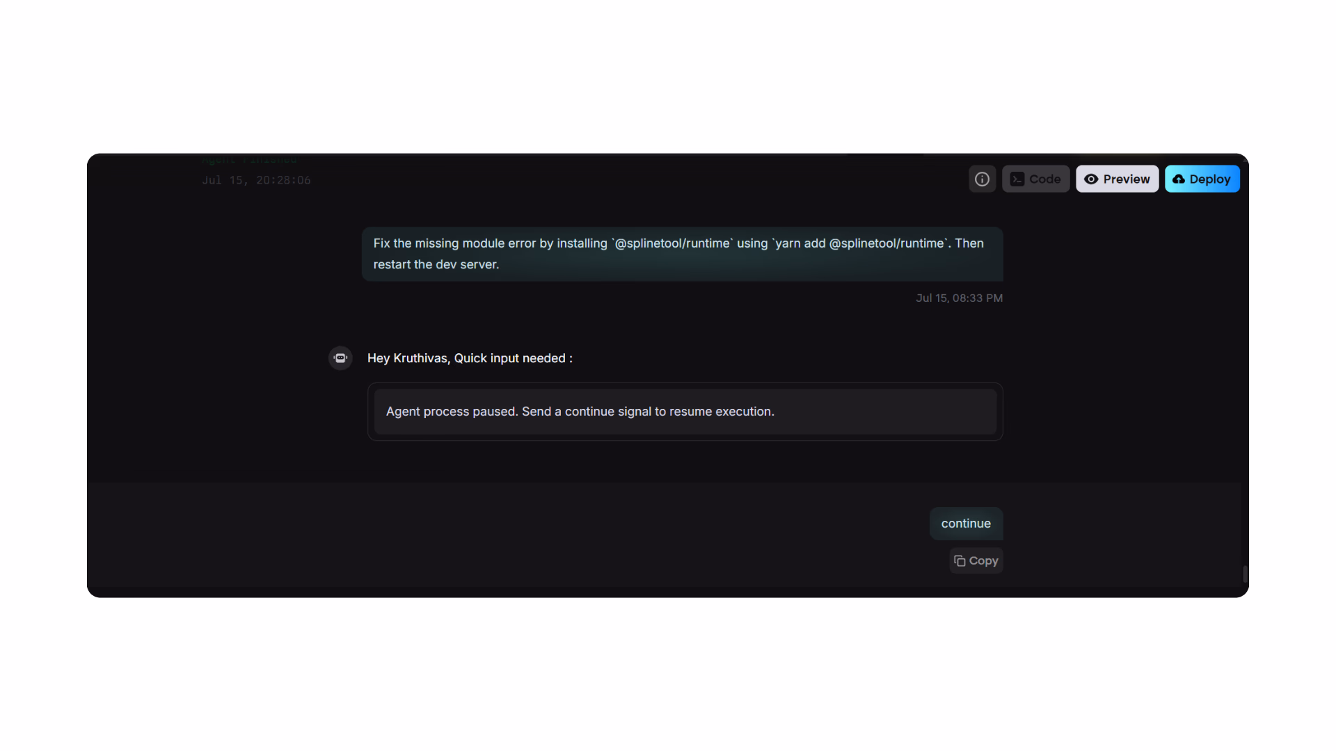 emergent prompt used to fix module error in 3d website project