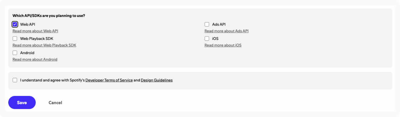 selecting web api in spotify developer app setup