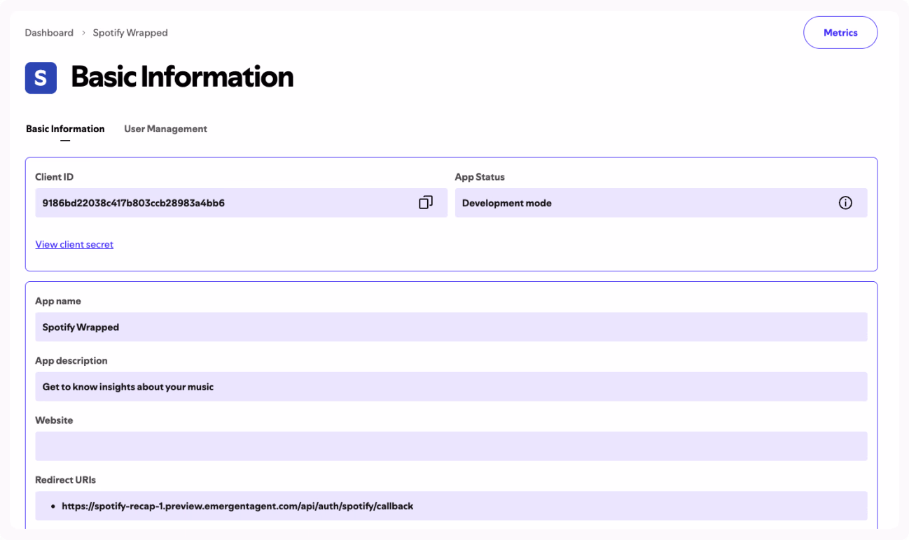 spotify developer dashboard showing client id 