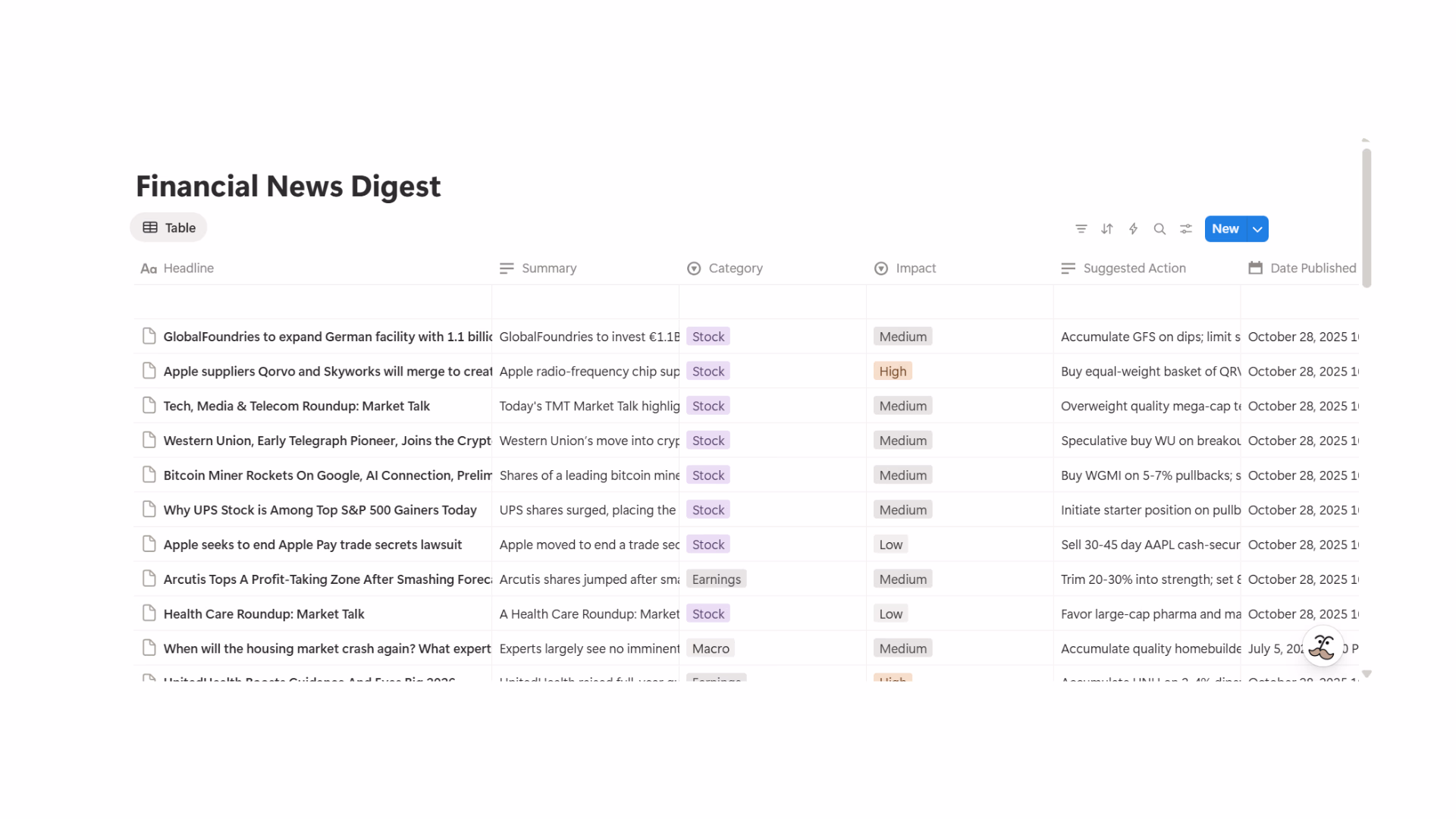 financial news digest dashboard