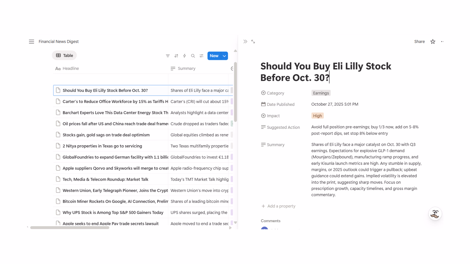 notion financial news digest database showing headlines with expanded eli lilly article detail view