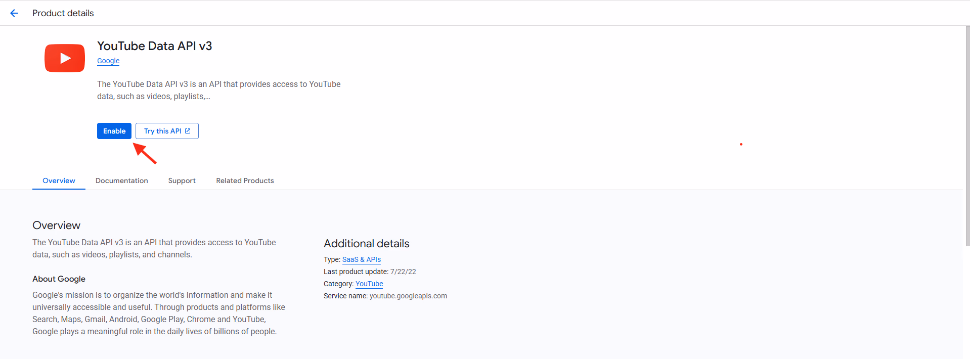 Enable youtube data api v3
