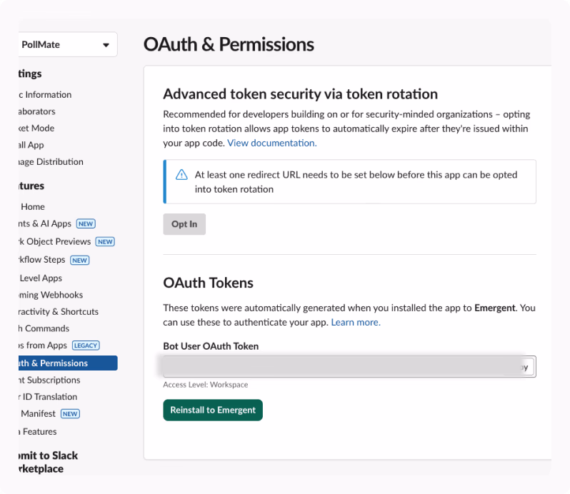 OAuth & Permissions slack