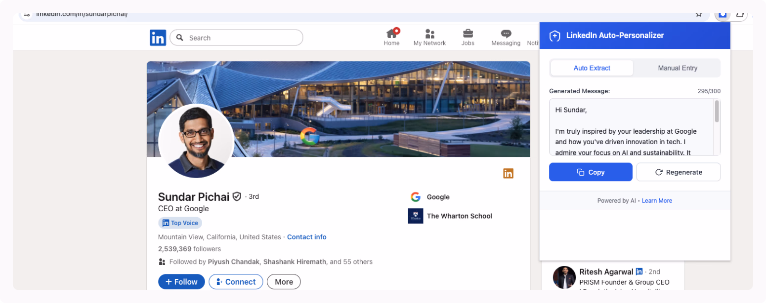 linkedin auto personalizer popup