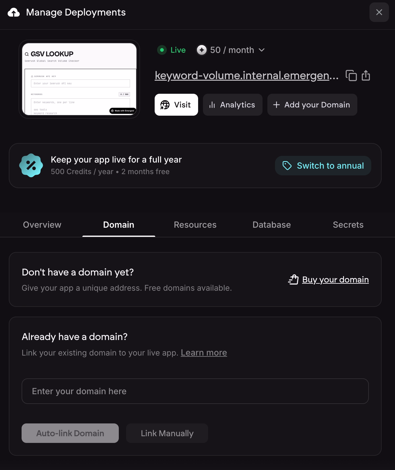 open the custom domain section