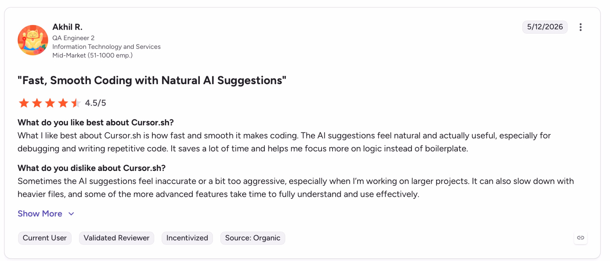 cursor ai g2 positive review