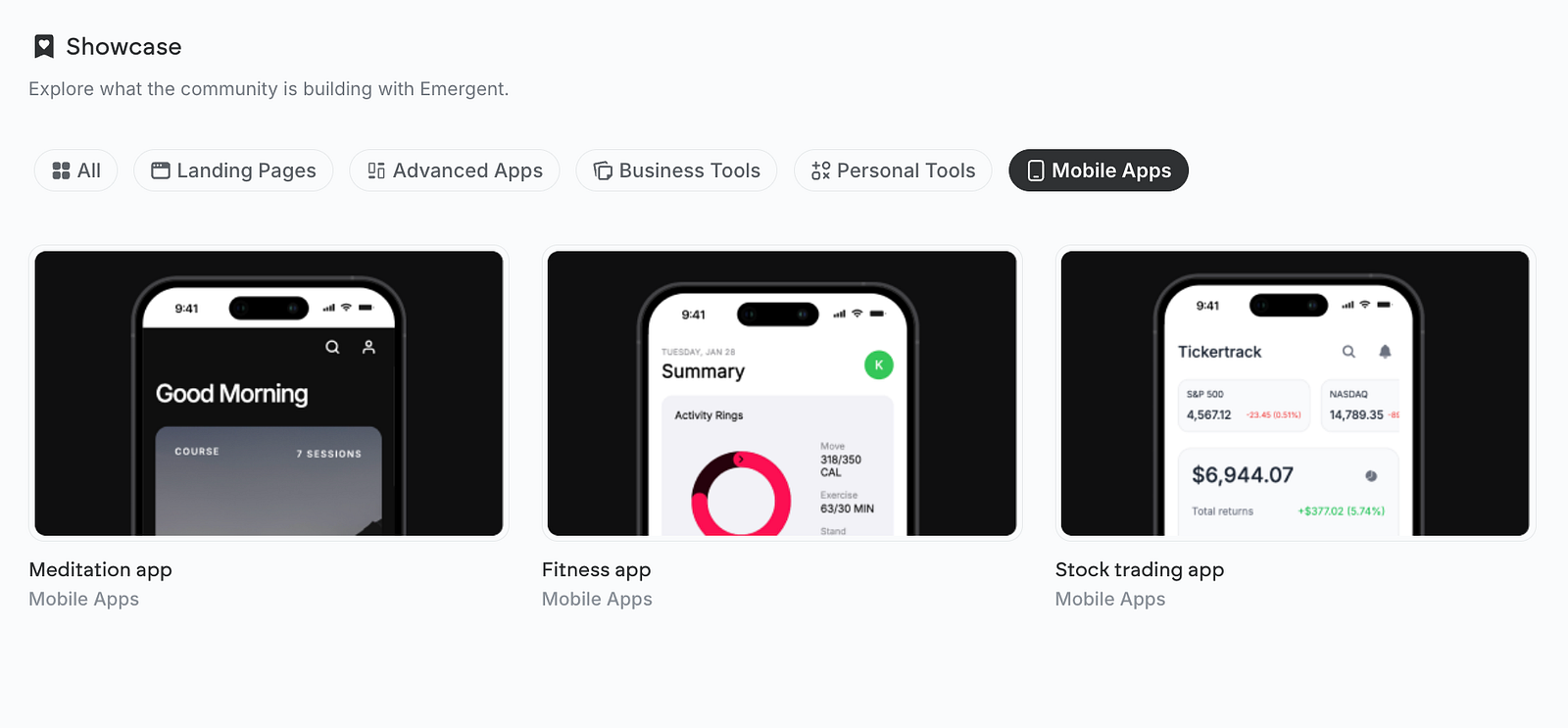 Emergent showcase mobile apps vibe coding