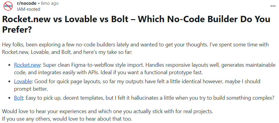 Rocket.new vs Lovable vs Bolt