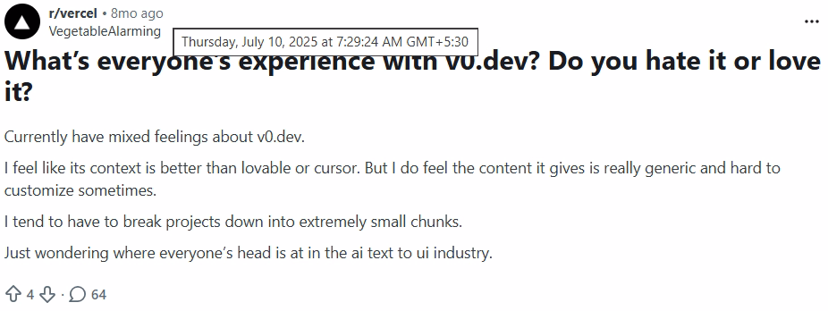 What’s everyone’s experience with v0.dev? Do you hate it? - Reddit post