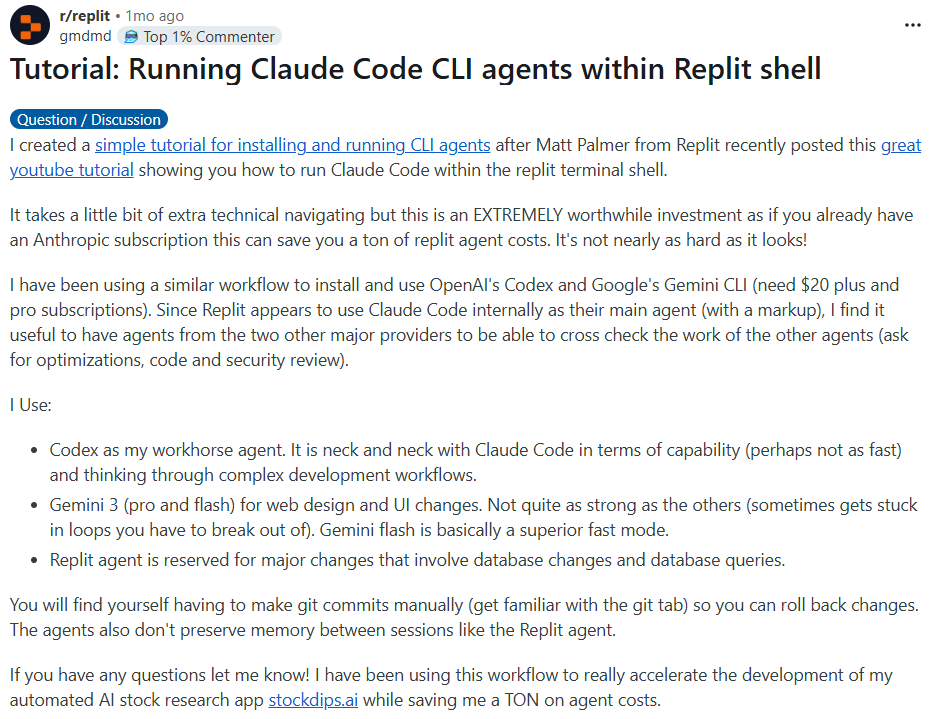 Running Claude Code CLI Inside Replit - Reddit Post