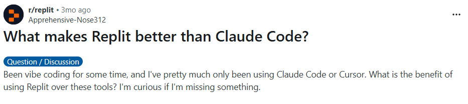 What Makes Replit Better Than Claude Code? - Reddit Post