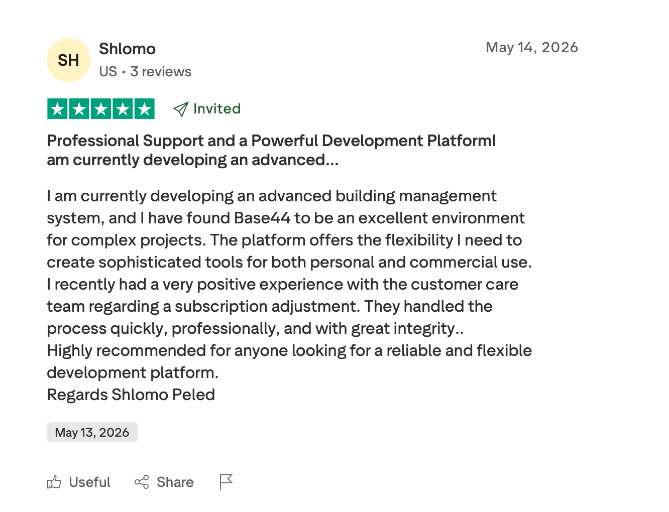 Trustpilot review of Base44 rated 5 stars by Shlomo Peled praising complex project support
