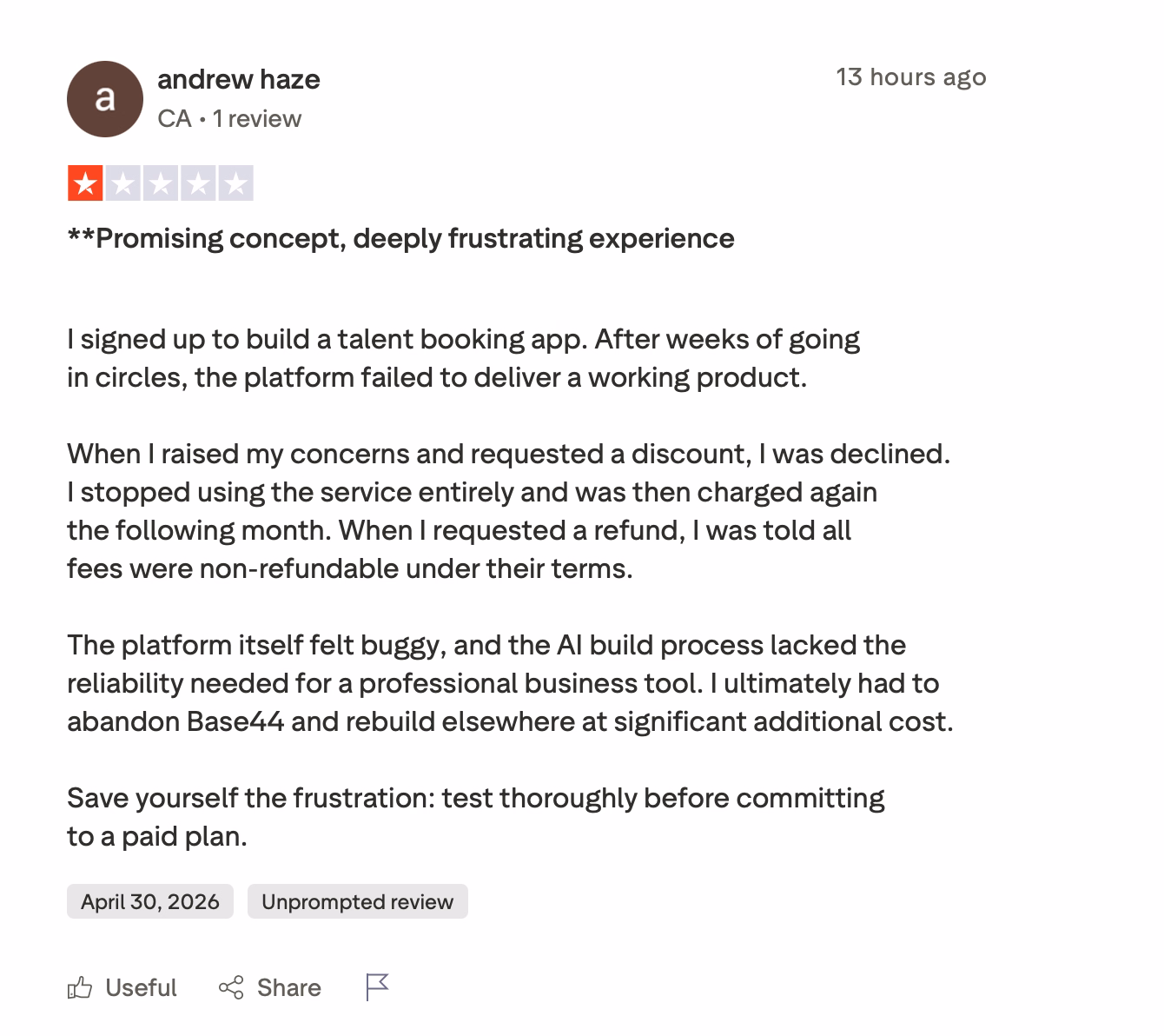 Trustpilot review of Base44 rated 1 star by Andrew Haze describing failed app build and refund denial