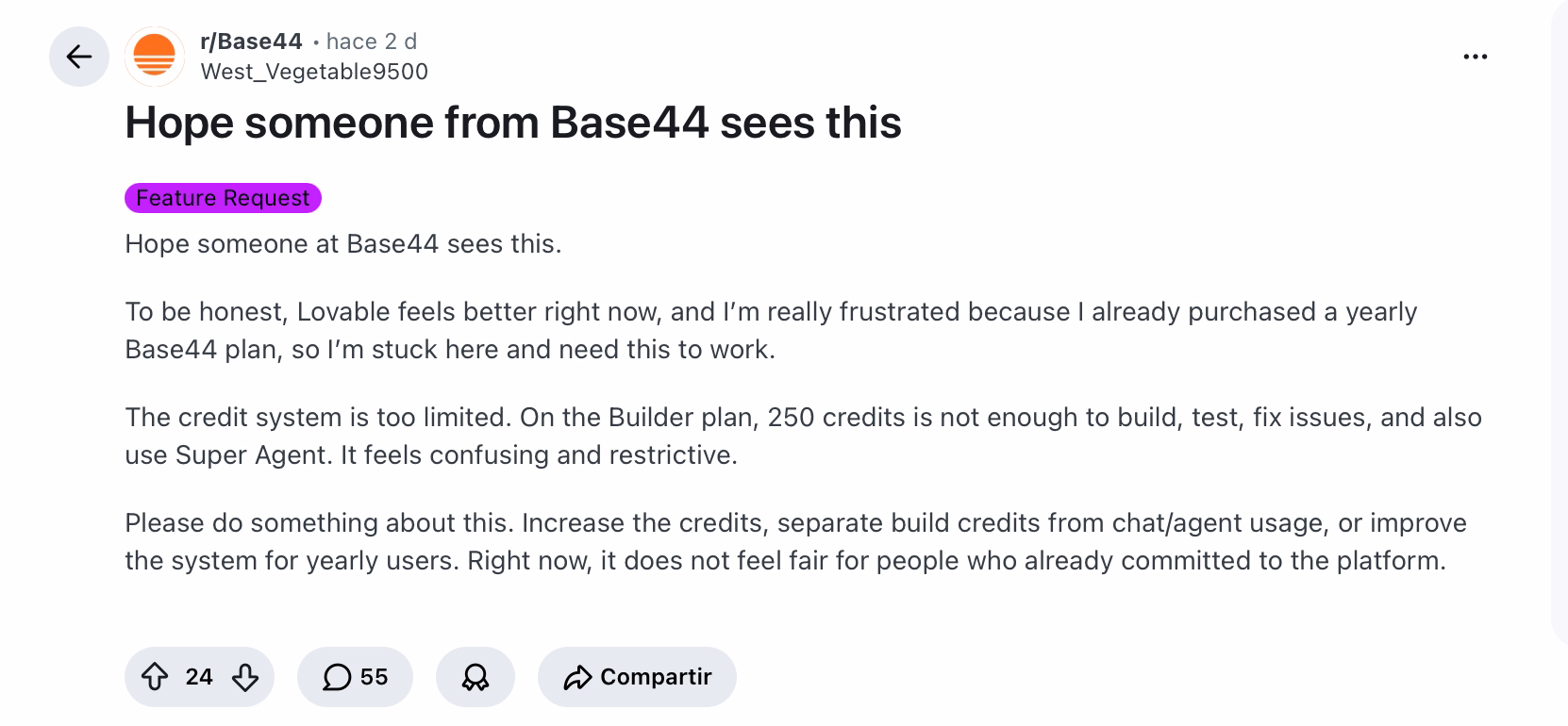 Reddit post in r/Base44 requesting more credits and fairer pricing for yearly plan users