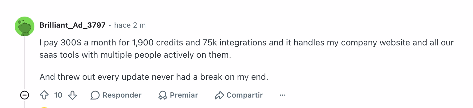 Reddit comment praising Base44 for handling company website and SaaS tools at 300 dollars per month
