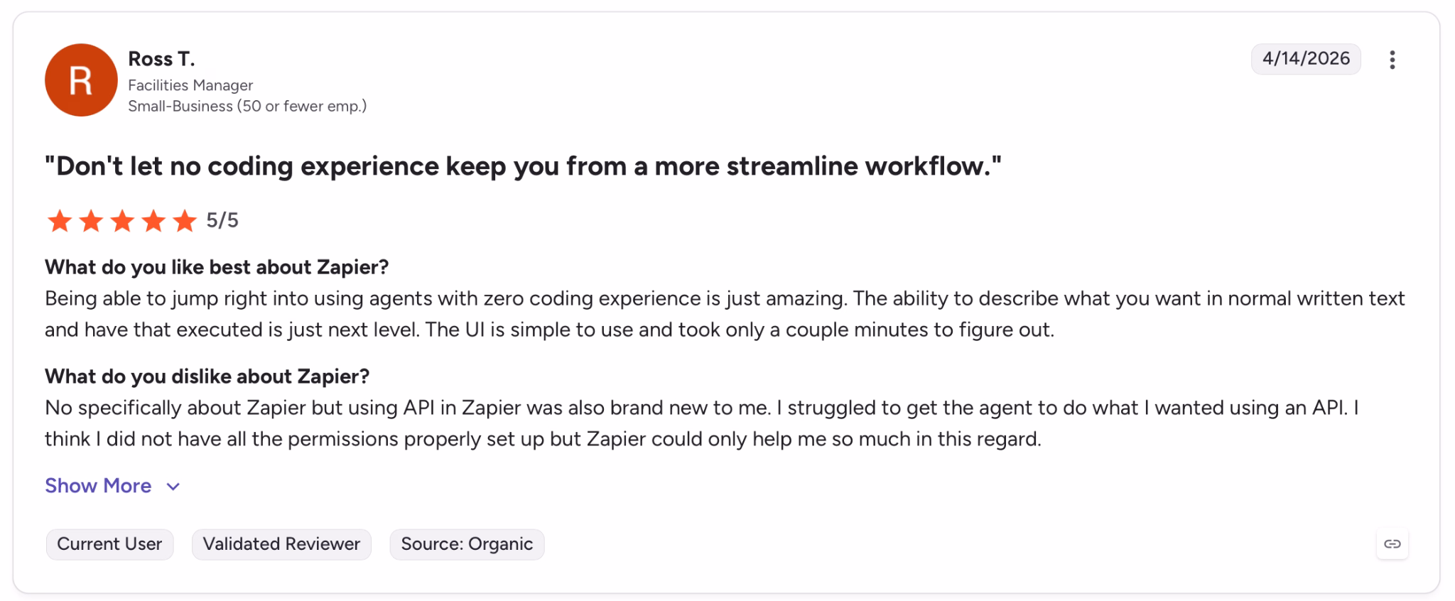 zapier g2 review by ross