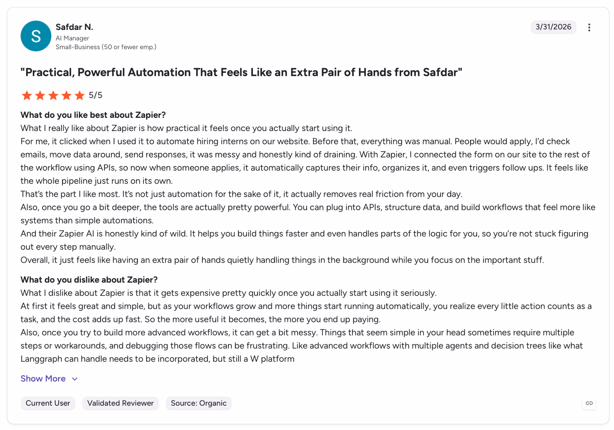 zapier review on g2 by safdar