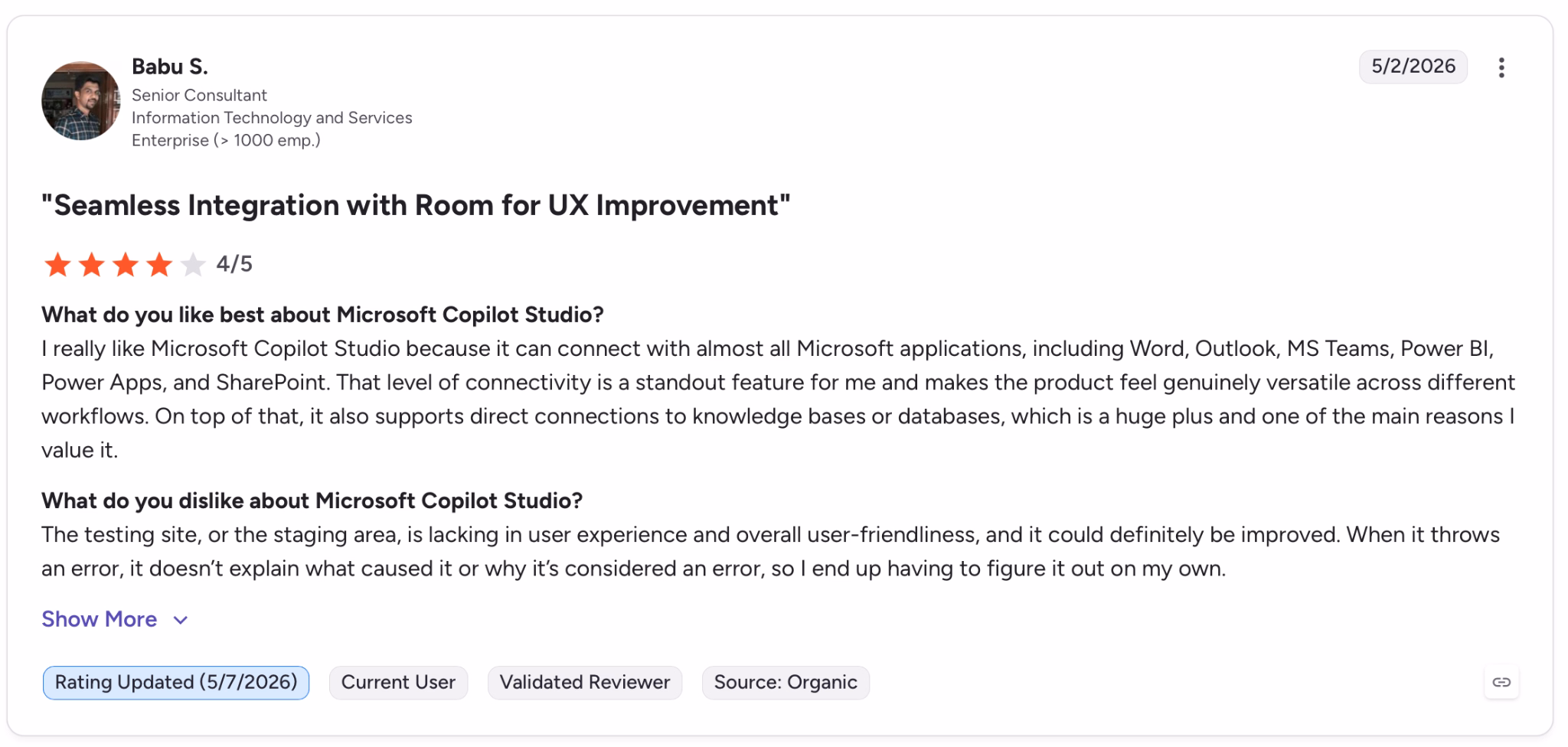 micorsoft copilot review on g2 by babu s