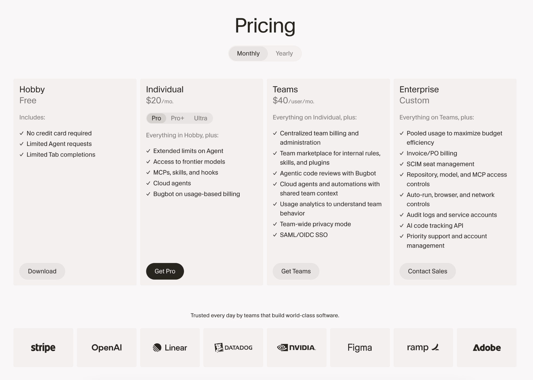 Cursor pricing page