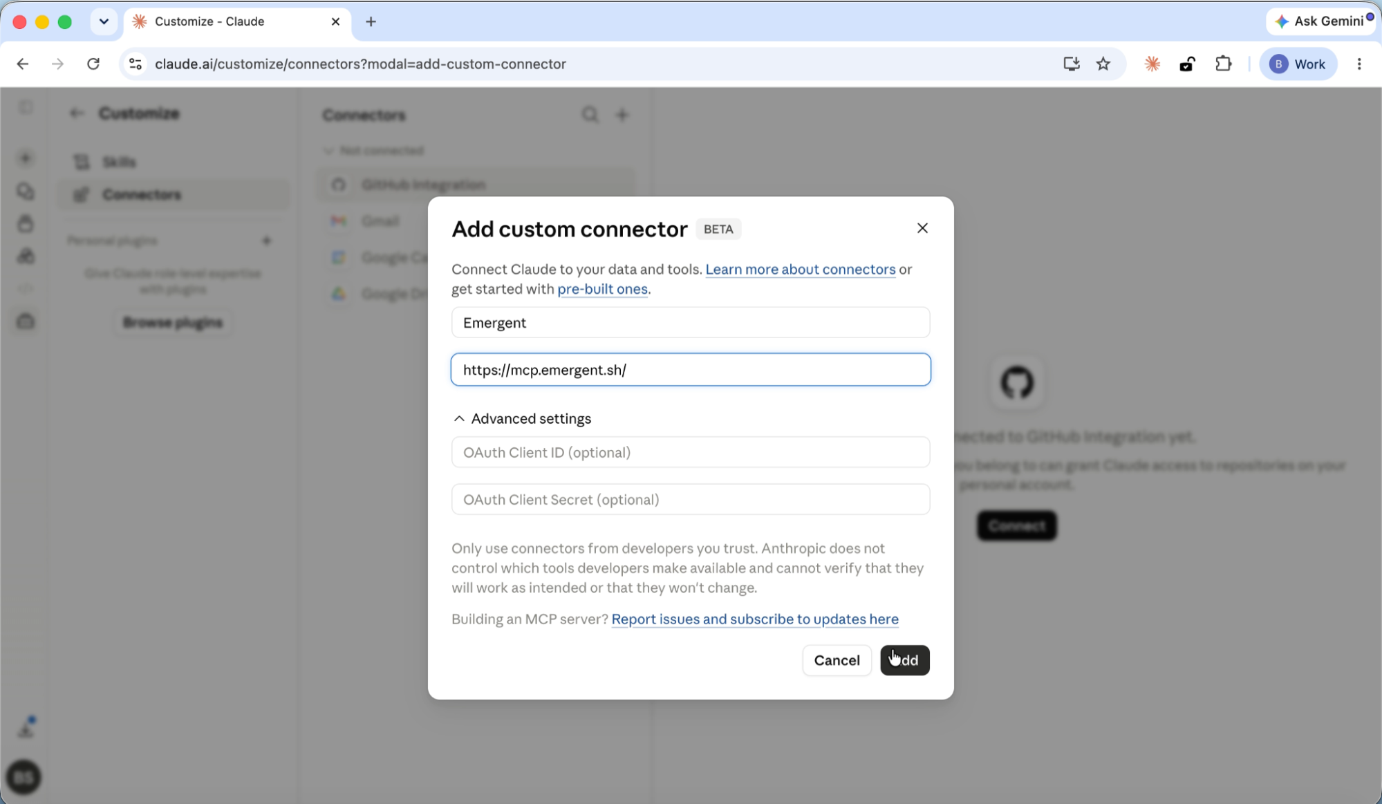 Add a custom connector in claude