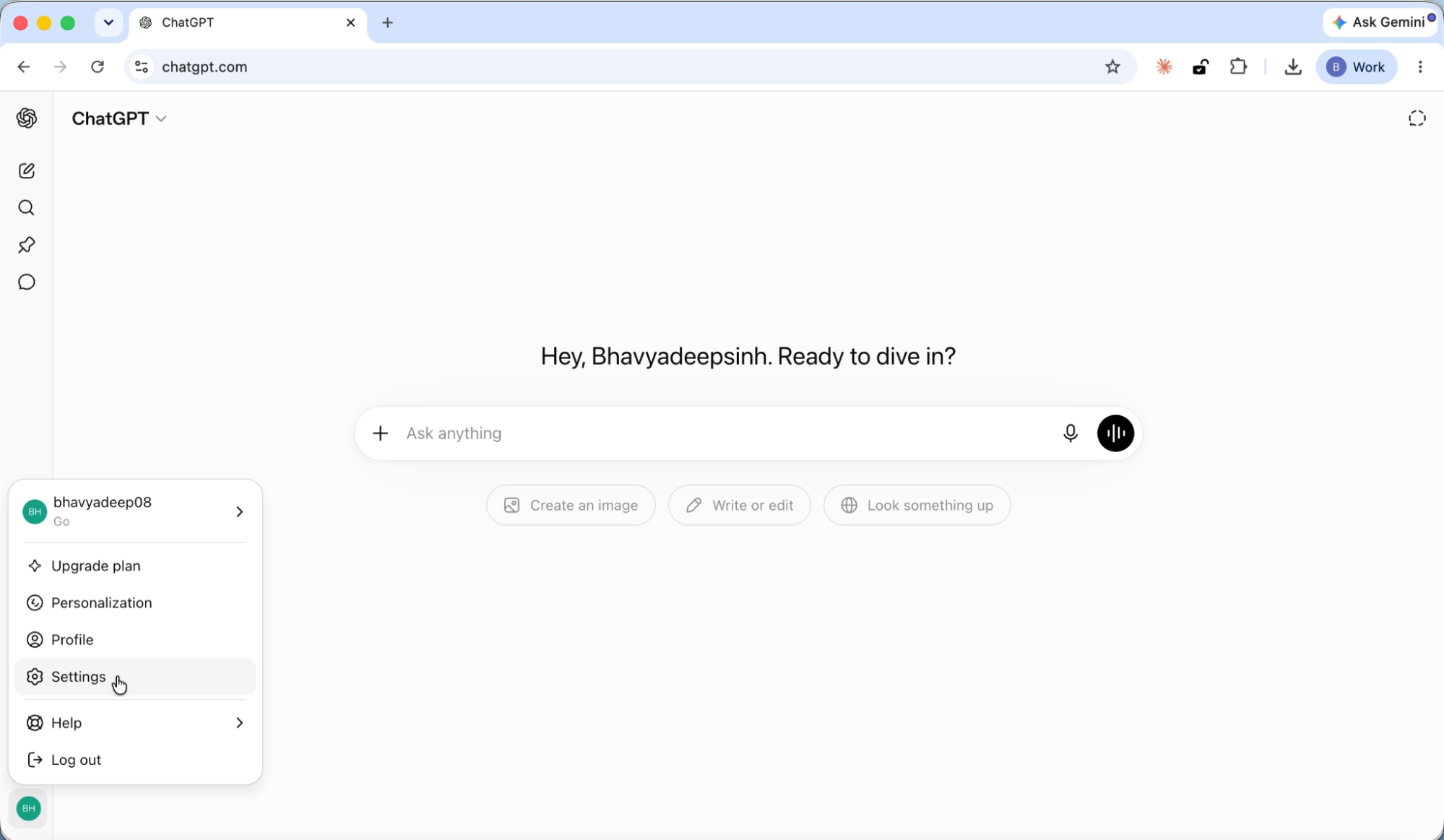 Open settings in ChatGPT
