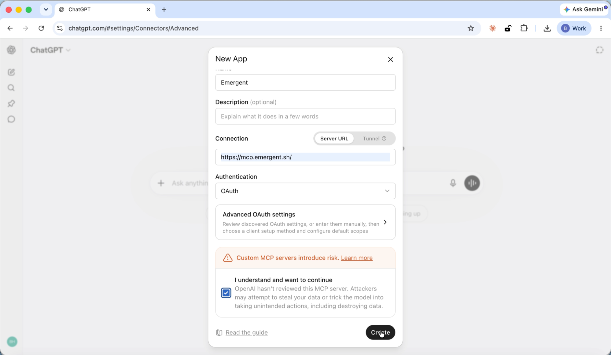 Create the Emergent connector in ChatGPT
