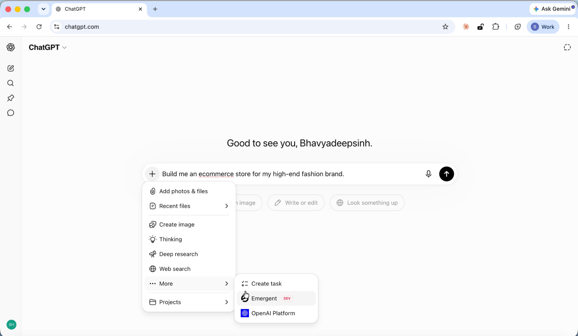 start building from chatgpt by enabling emergent into the conversation