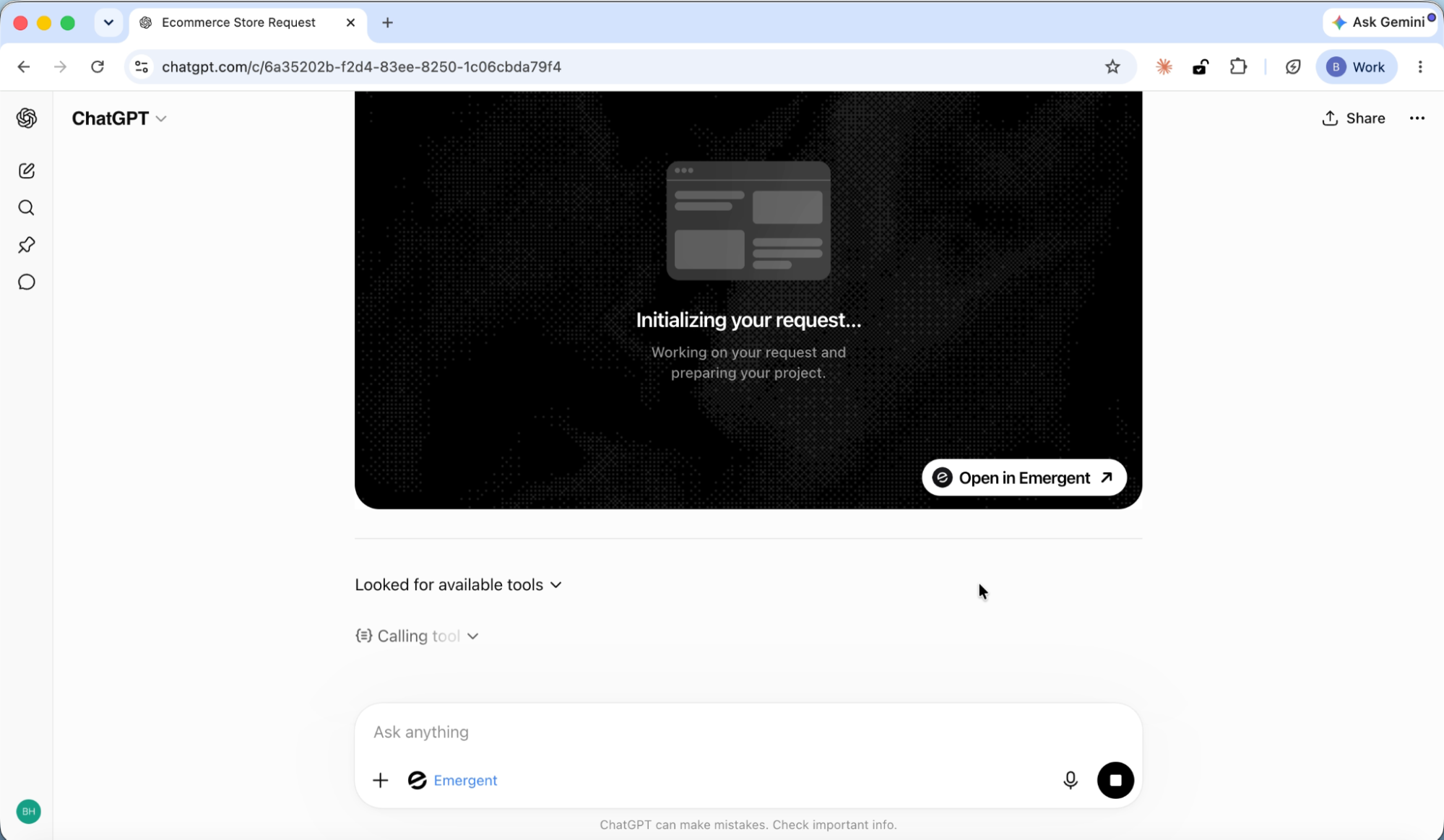 emergent starts building your request from chatgpt