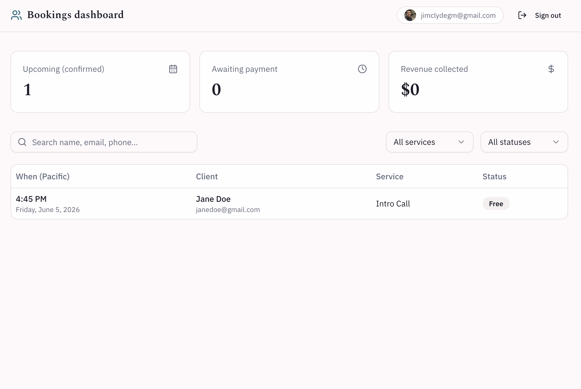 bookings dashboard