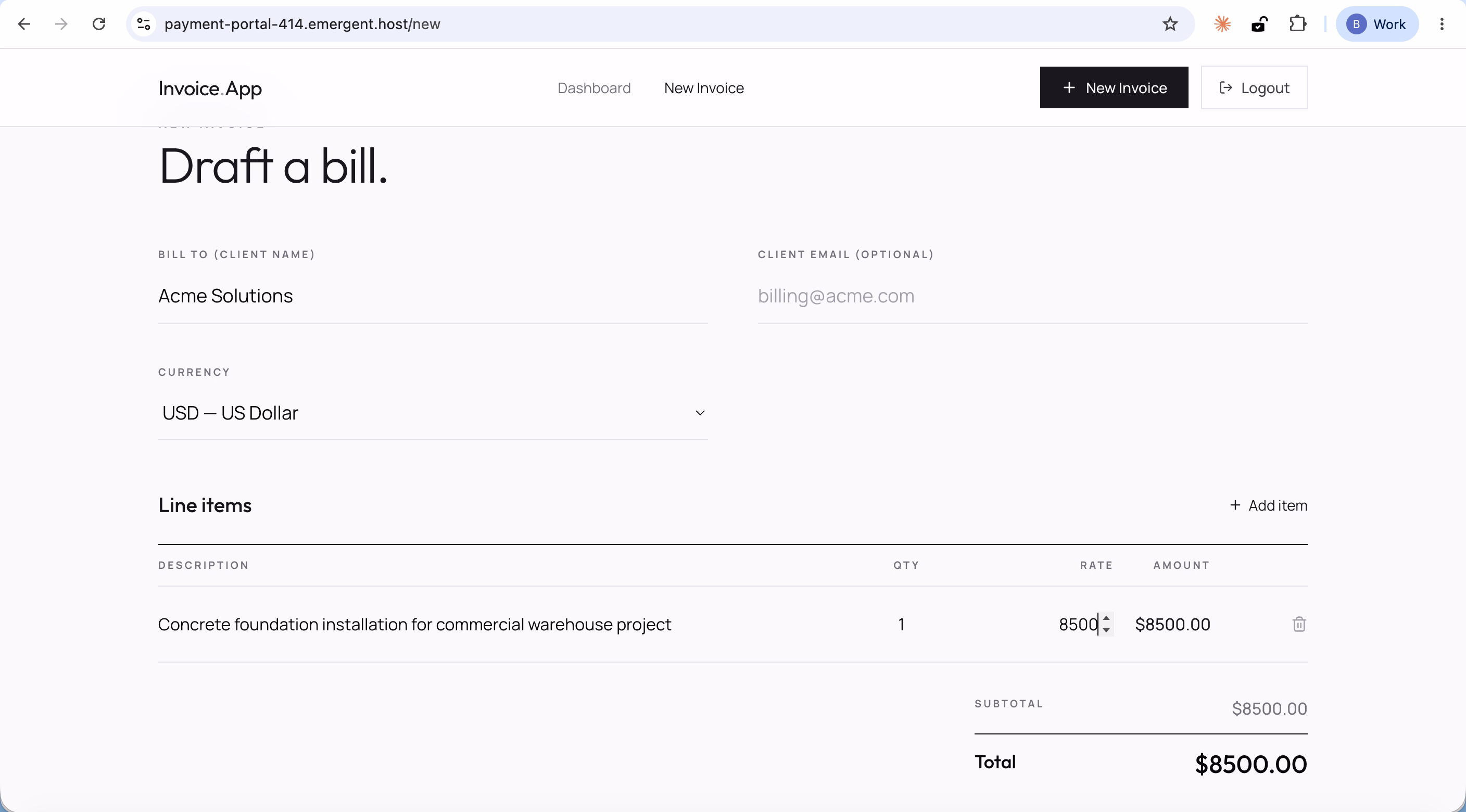 One-page invoice creation