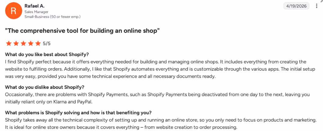 shopify user review on g2