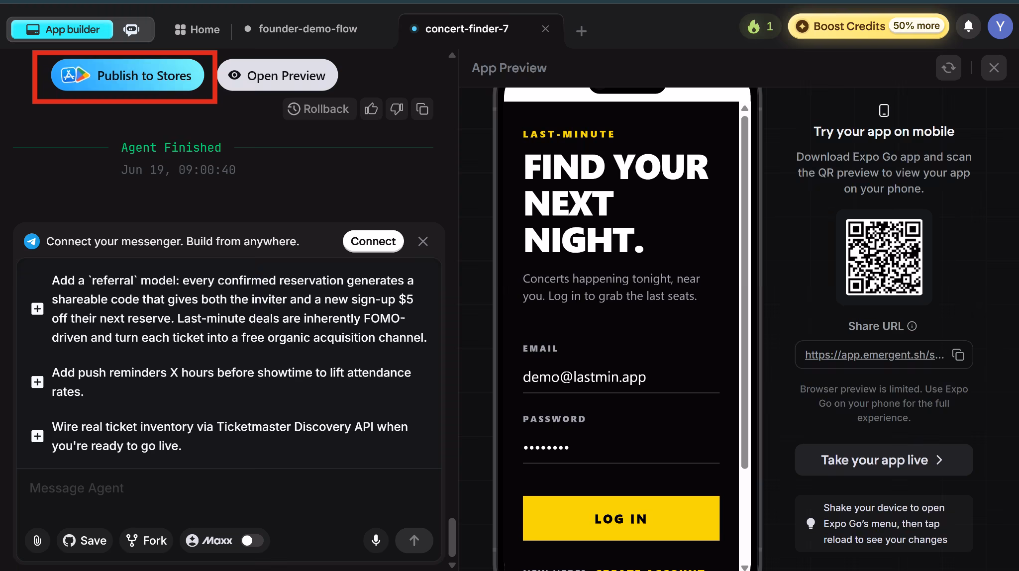 Emergent deployment screen with Publish to Stores button, Expo access, Android and iOS downloads, and health check.