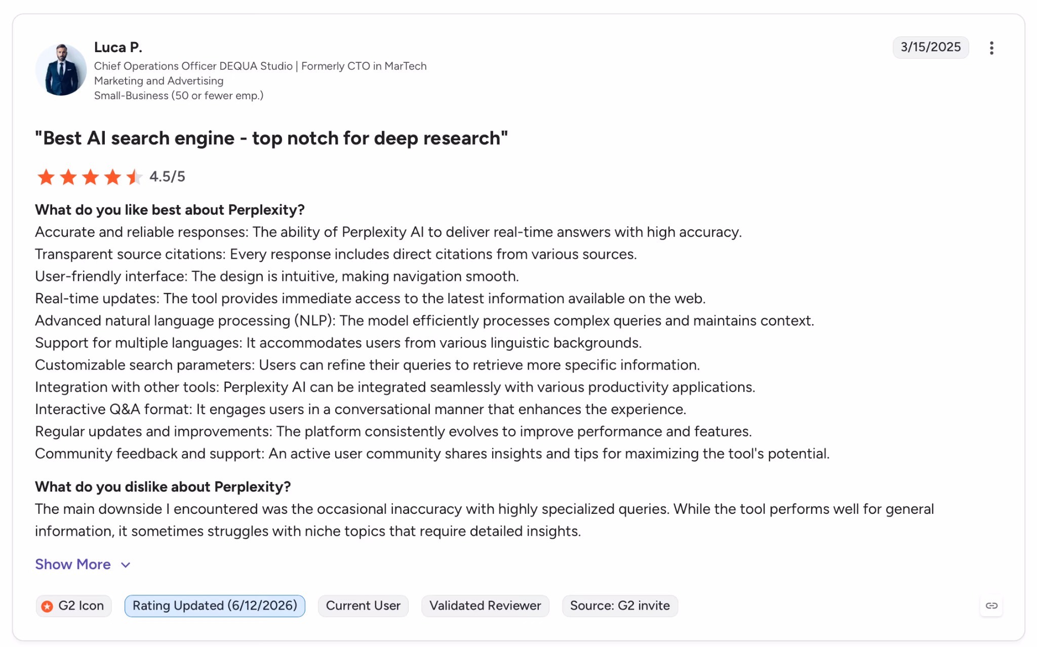 perplexity ai user review luca