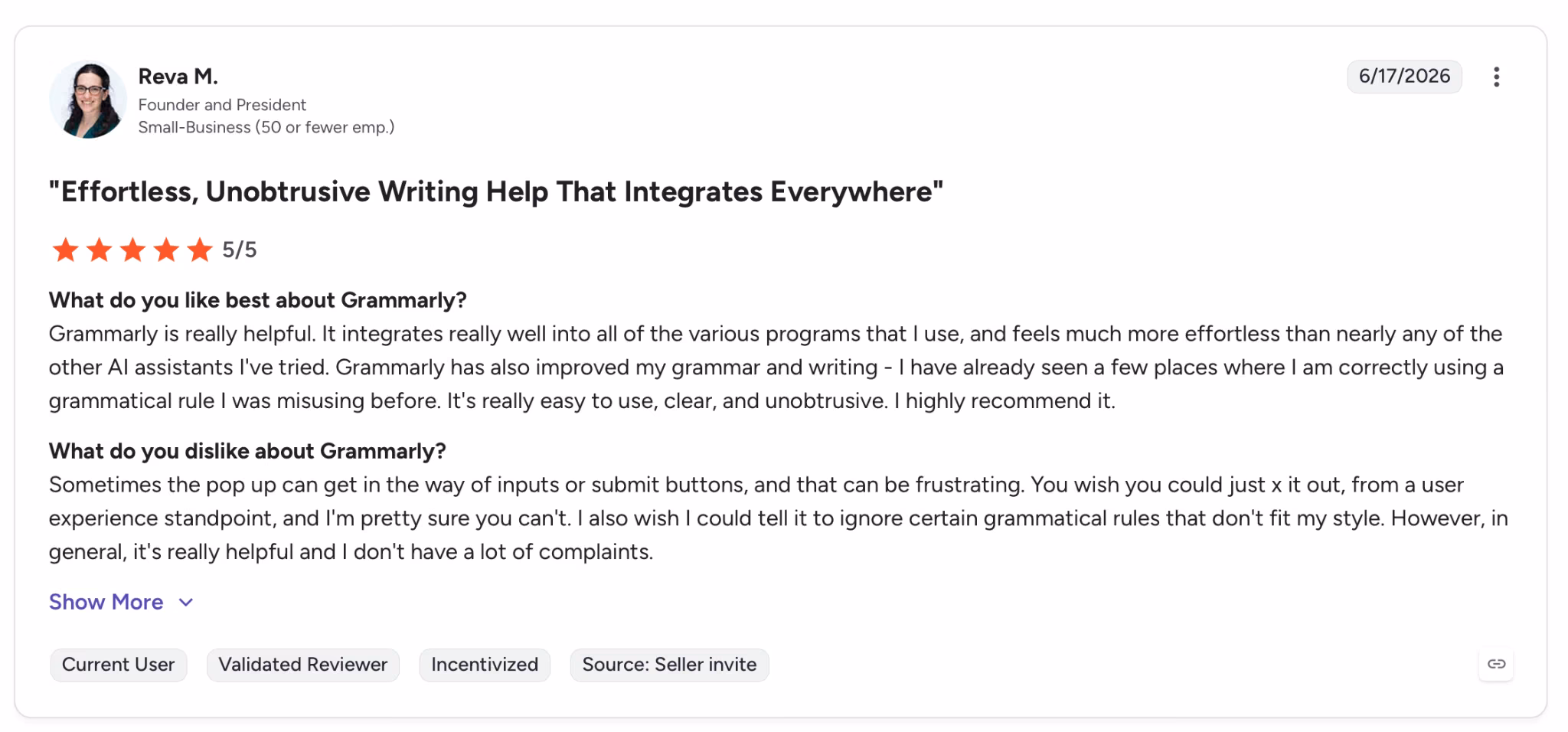 grammarly user review reva