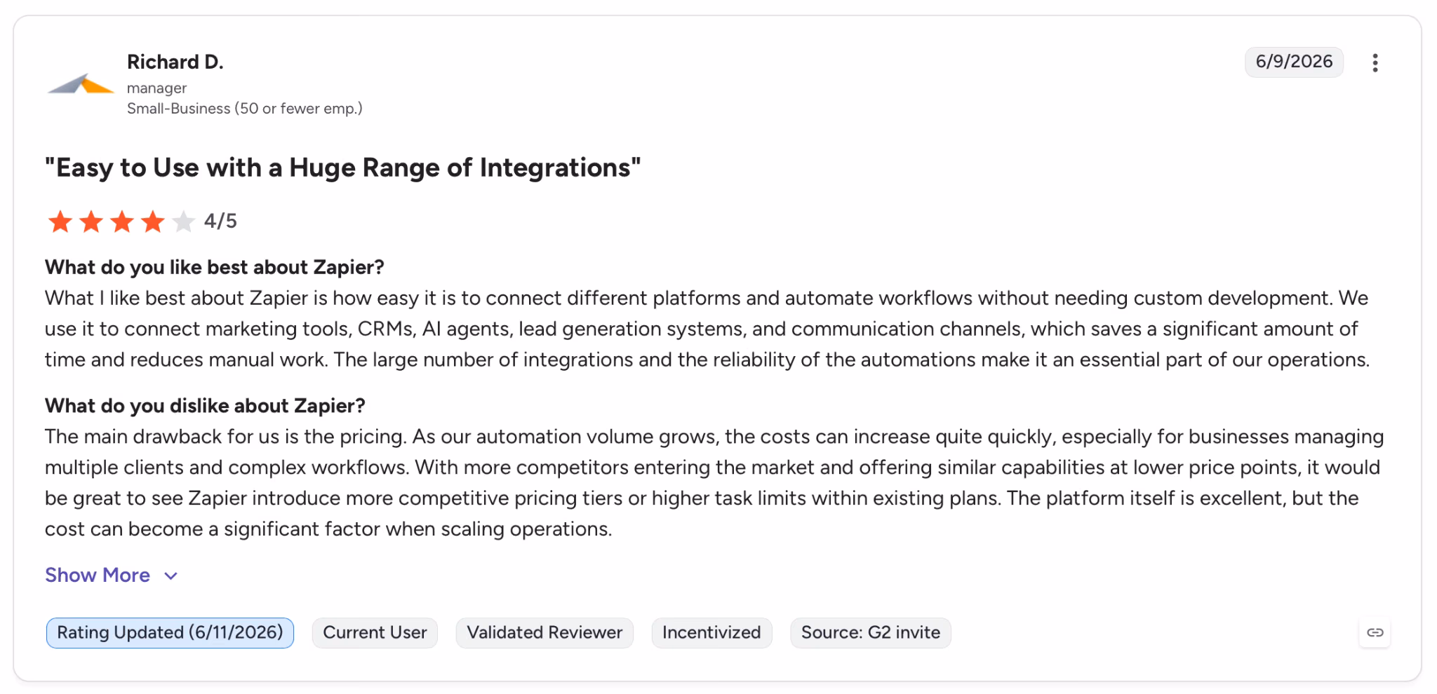 zapier user review on g2