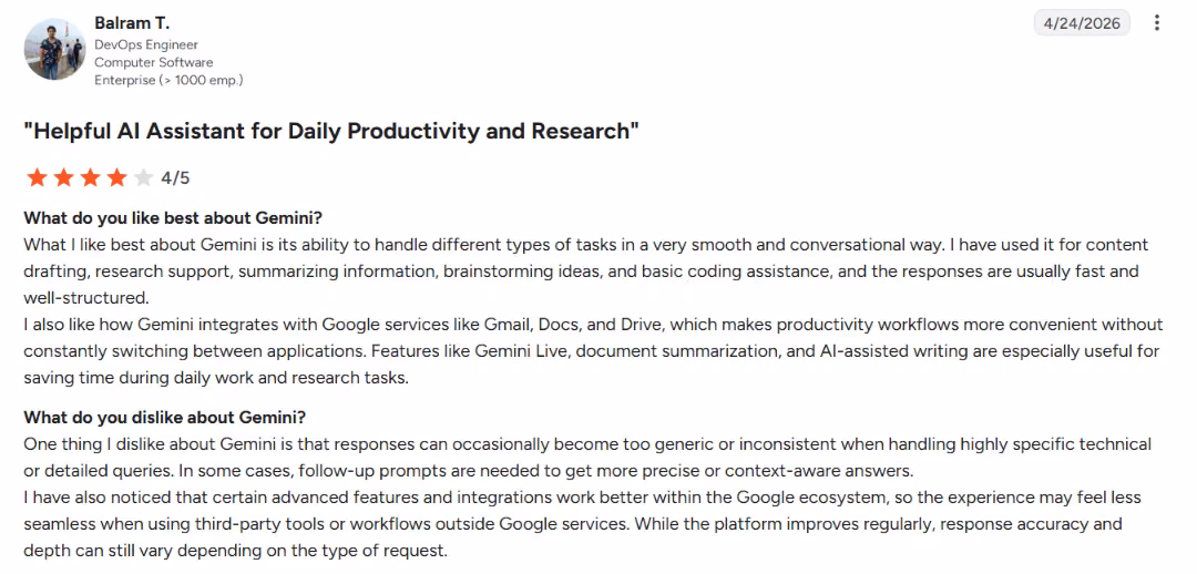 google gemini user review pavitra