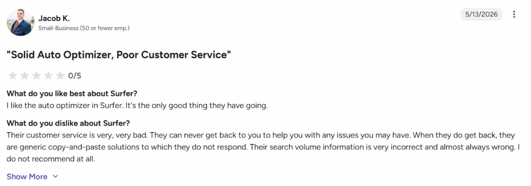 surfer seo user review on trustpilot