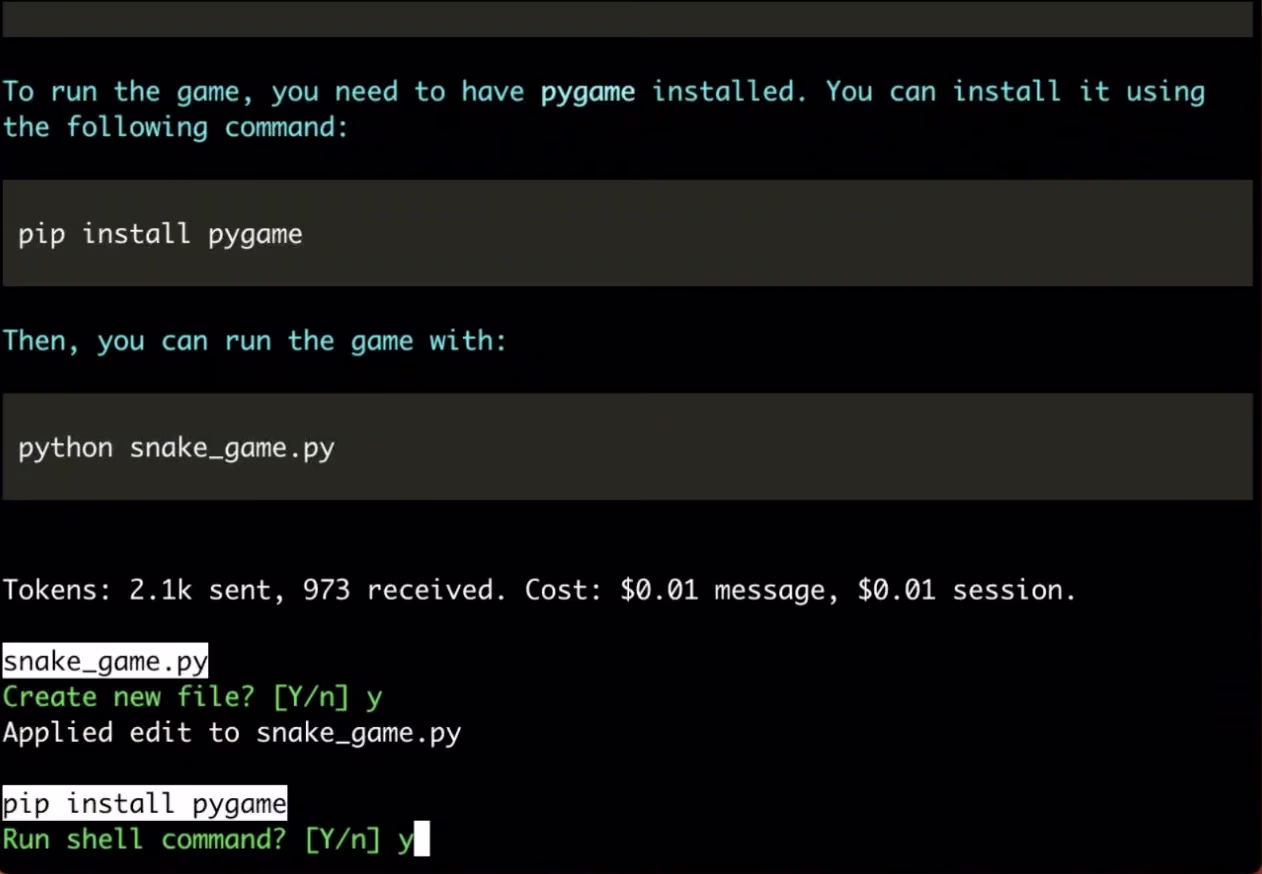 Aider terminal session showing an AI code edit and Git workflow.